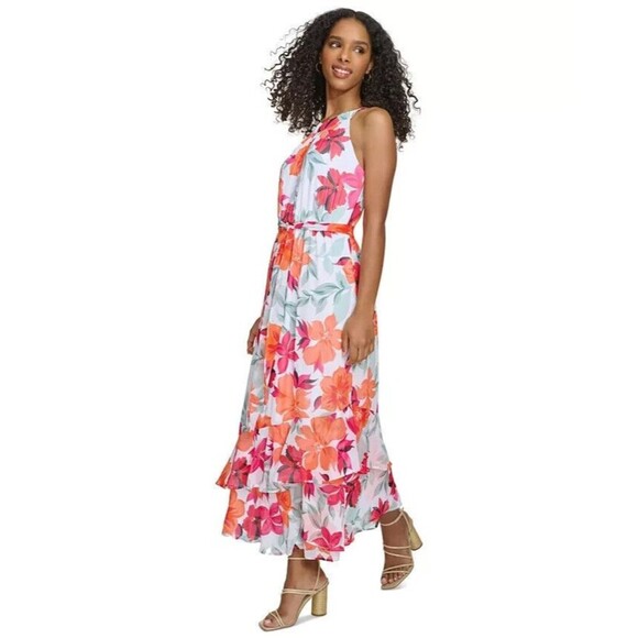Calvin Klein Women's Floral-Print Halter Chiffon Maxi Dress White Multicolor 10 - Picture 2 of 12